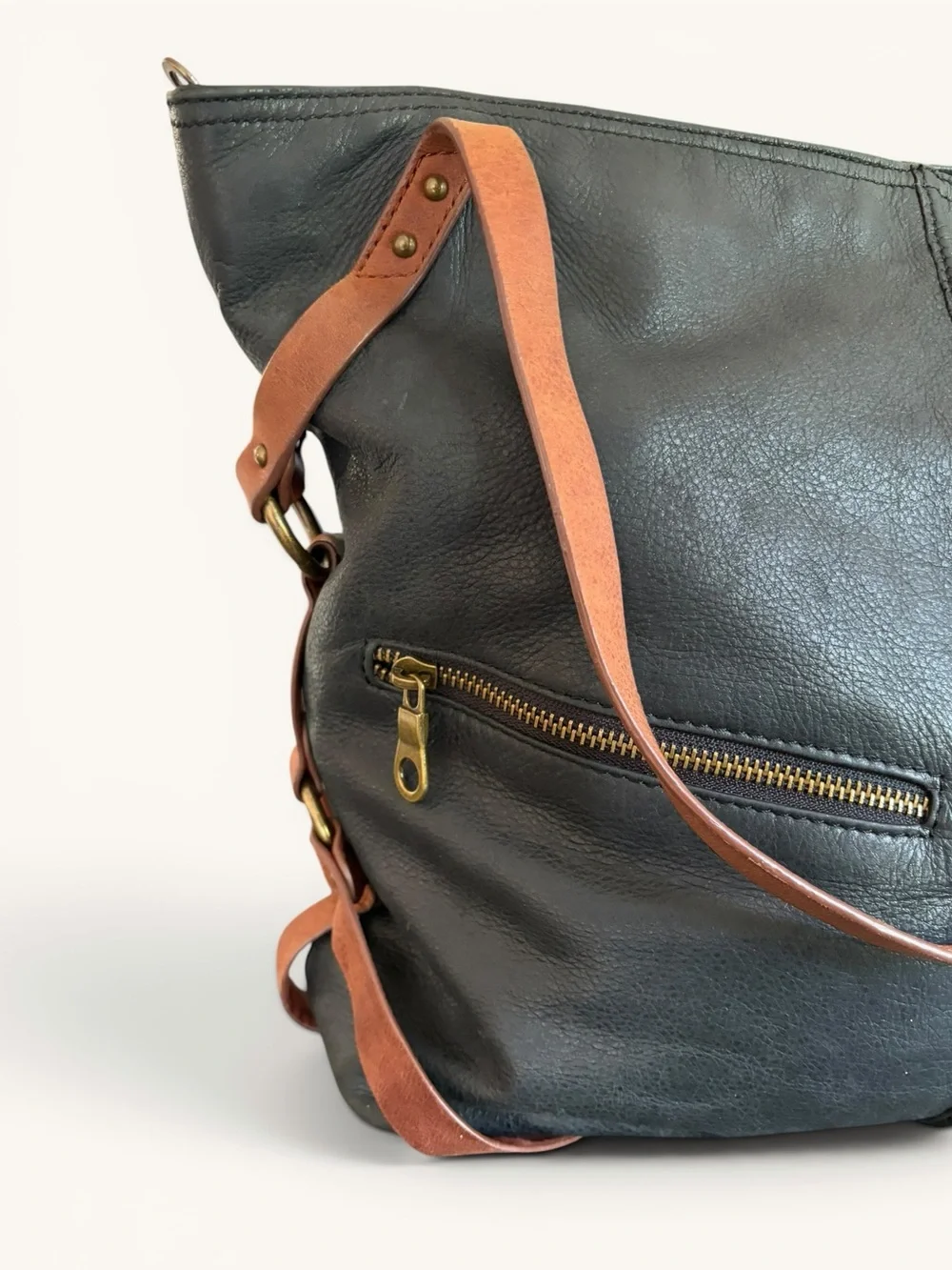 Lucky Brand Black Leather Tote with Brown Straps